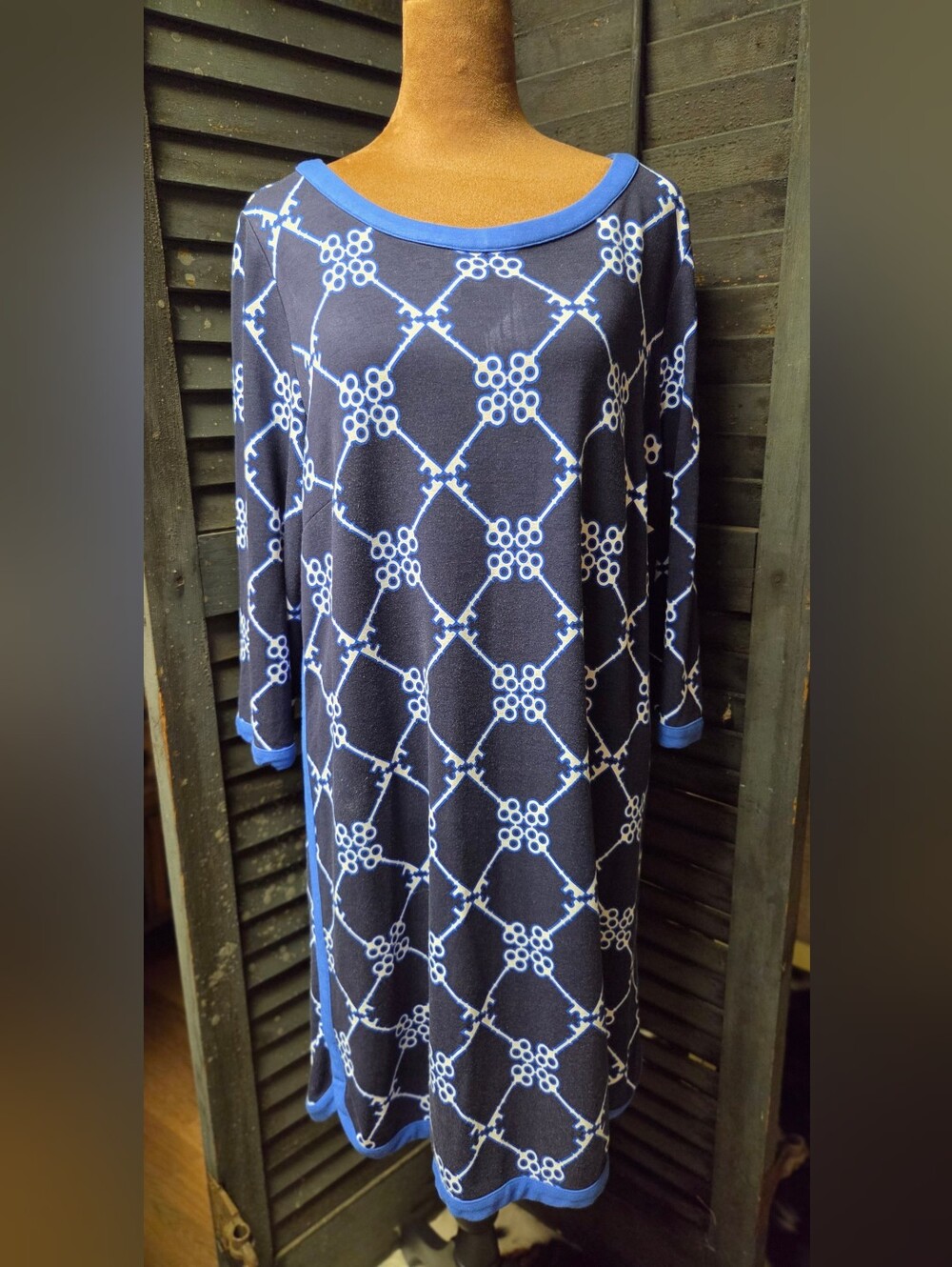 crown & ivy Navy Blue & White Crewneck Patterned Dress